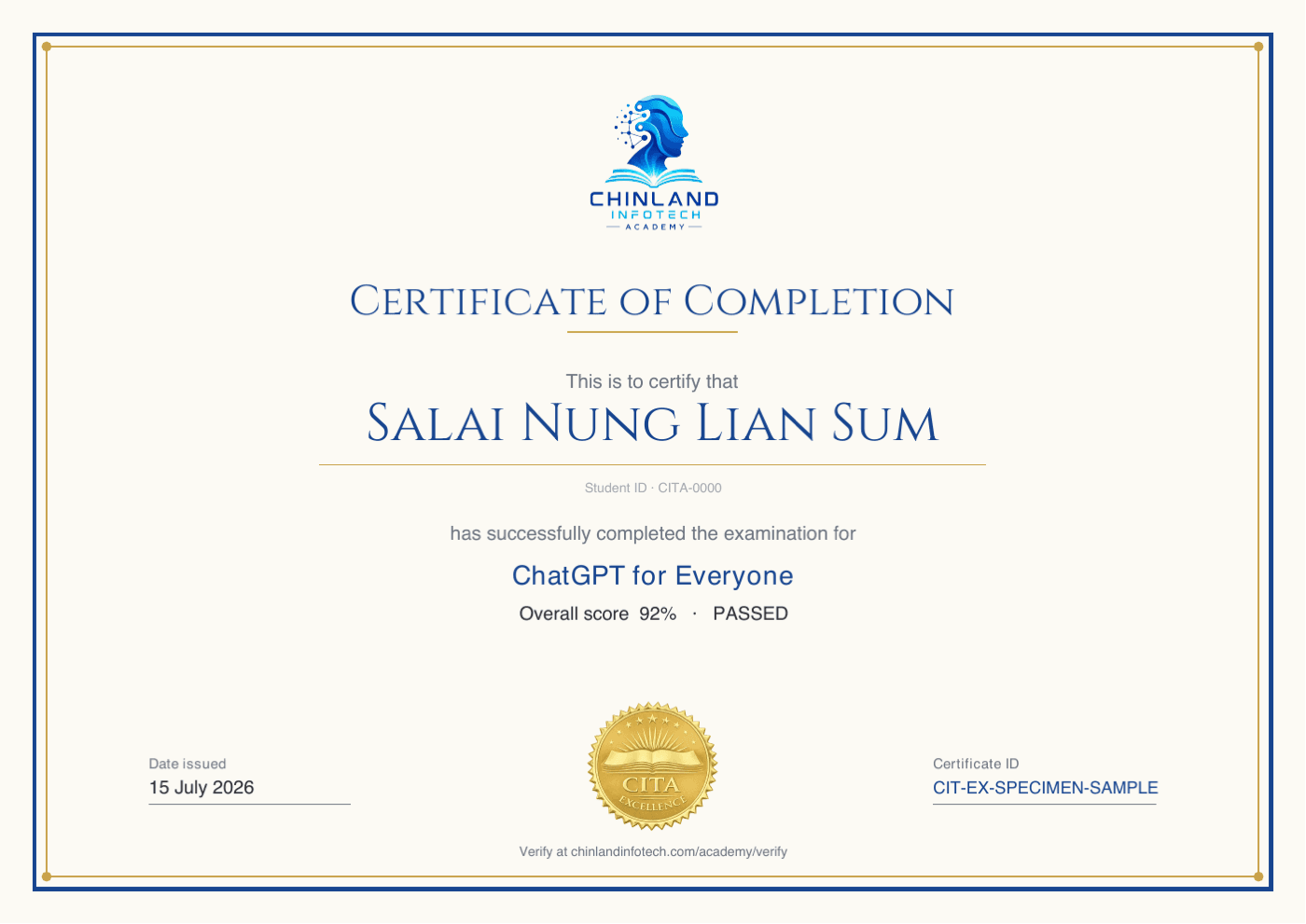 Specimen Certificate of Completion